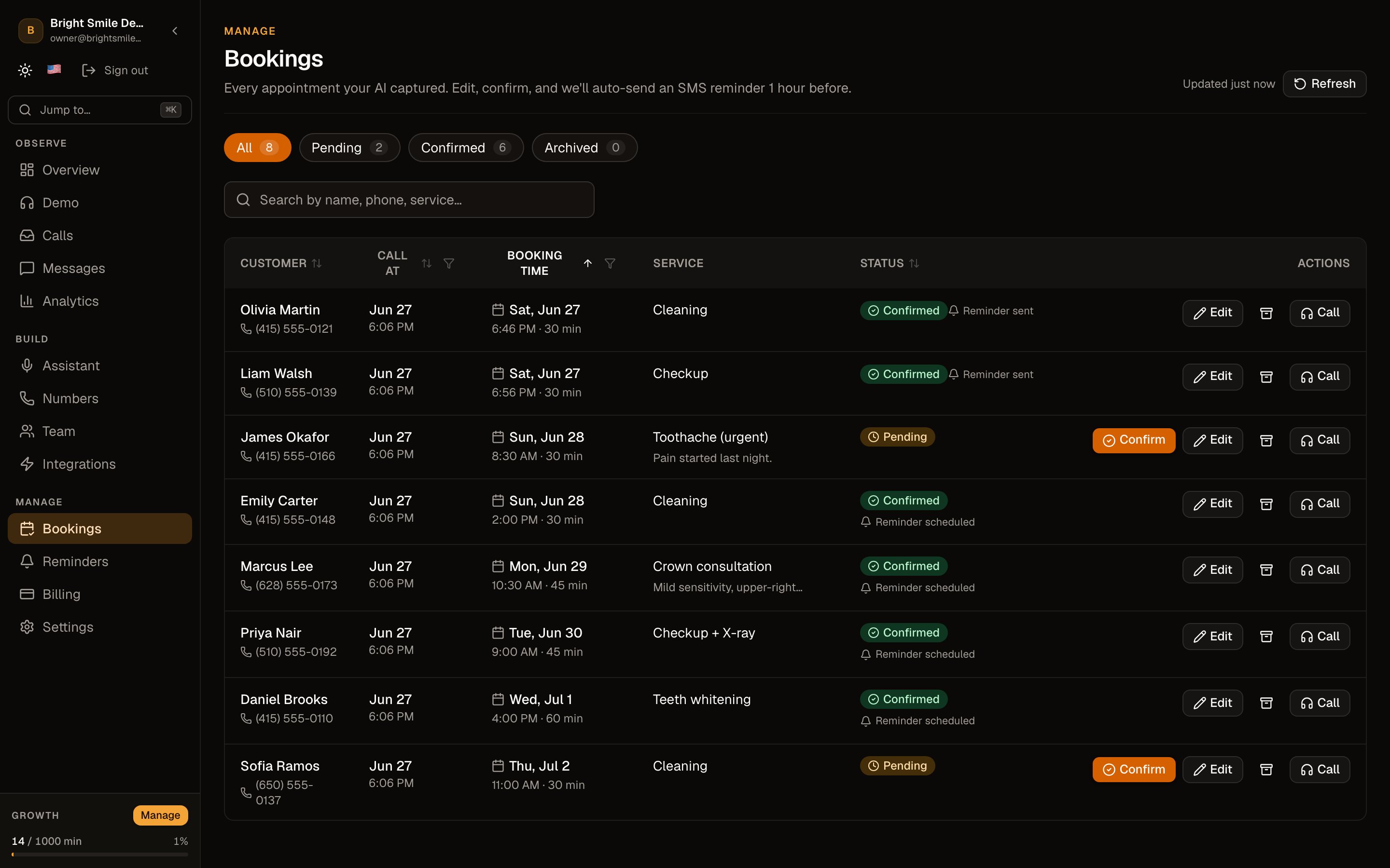 Manage bookings: confirm, edit, and archive — Ahoya